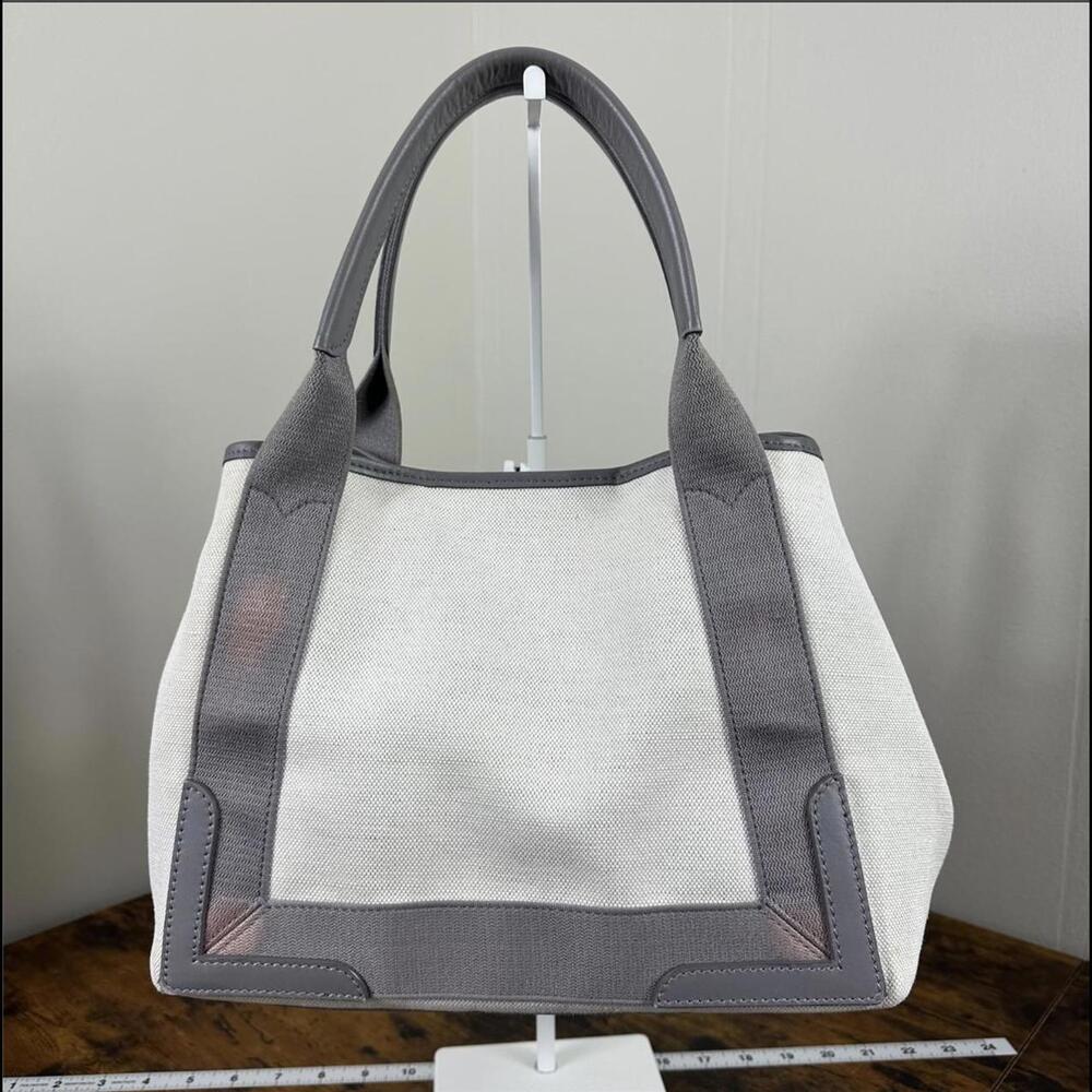 Balenciaga Cabas Tote Bag + Pouch in Grey Leather & Ivory Canvas (BAXX190) - Picture 4 of 12